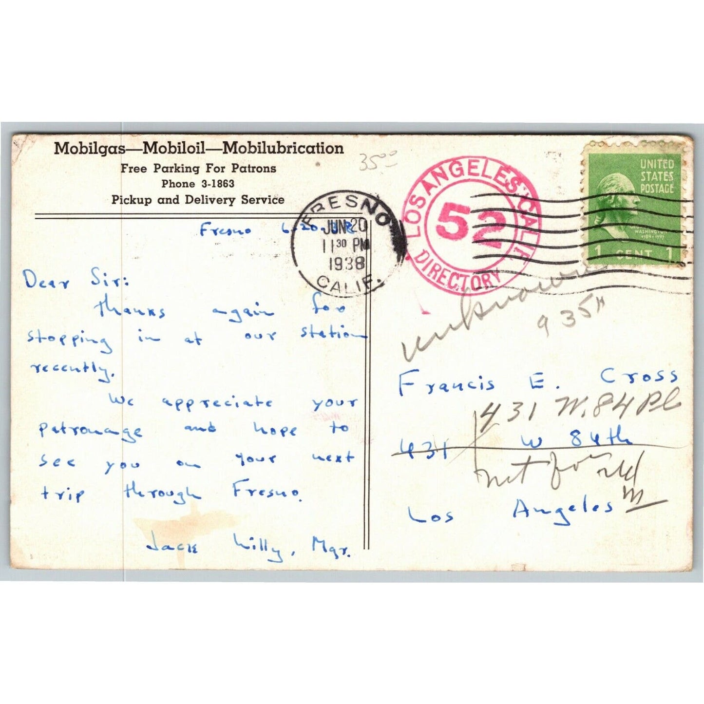 c1938 PPC Postcard Mobilgas Station Fresno, CA - Thanking Customer for Patronage