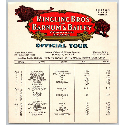 1948 Ringling Bros Barnum Bailey Circus Route Card Sioux Falls Omaha Lincoln