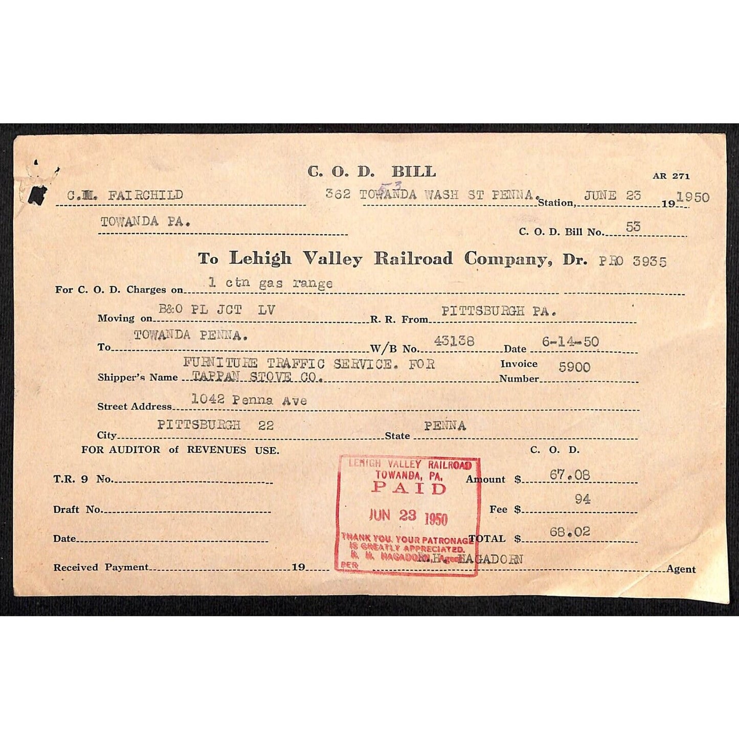 Lehigh Valley Railroad 1950 C.O.D. Freight Bill for Gas Range