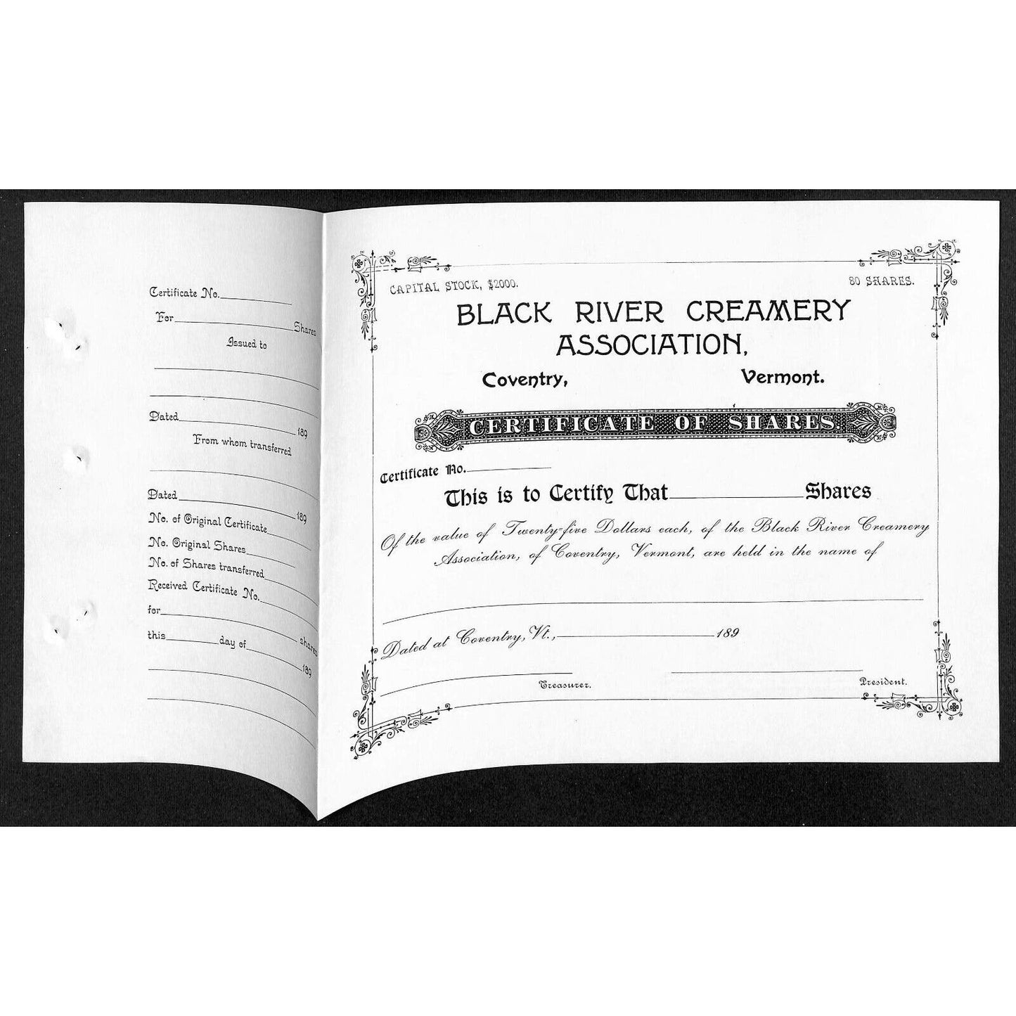 Black River Creamery Association Coventry VT Unused Stock Certificate 1890's VGC