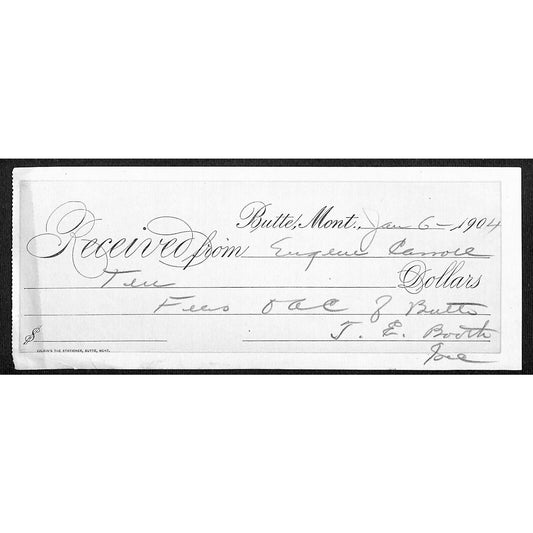 1904 Butte Montana Eugene Carroll / J.E. Booth Payment Receipt