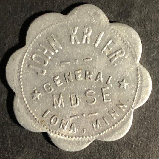 John Krier General Mdse. Iona, Minn G/F 50c Alum Scalloped Token 29mm Scarce