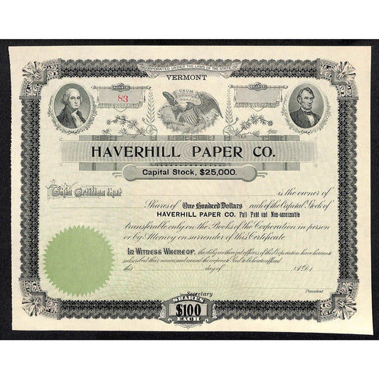 Haverhill Paper Co. (Bradford ?) Vermont Unissued c1900's Stock Certificate