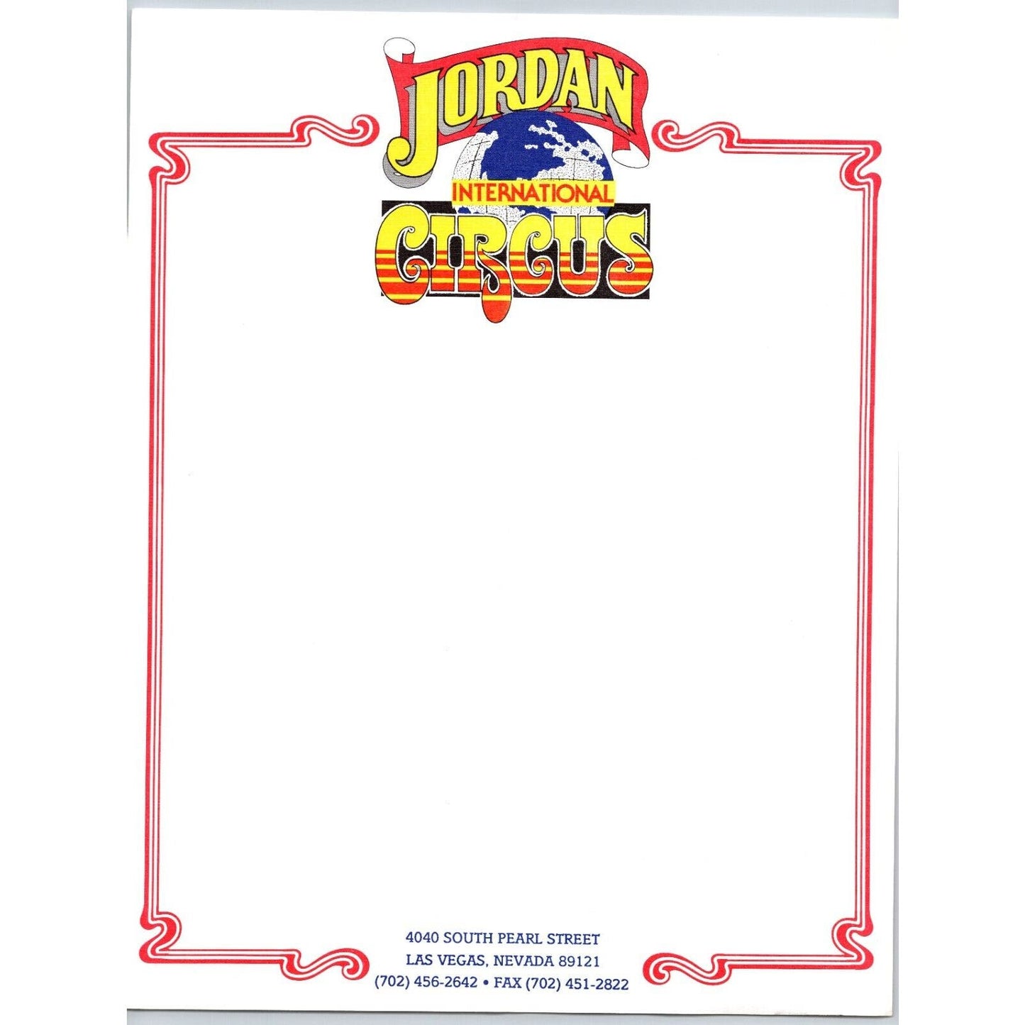 Jordan International Circus Letterhead Las Vegas Globe c1990 Scarce