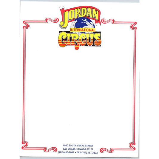 Jordan International Circus Letterhead Las Vegas Globe c1990 Scarce