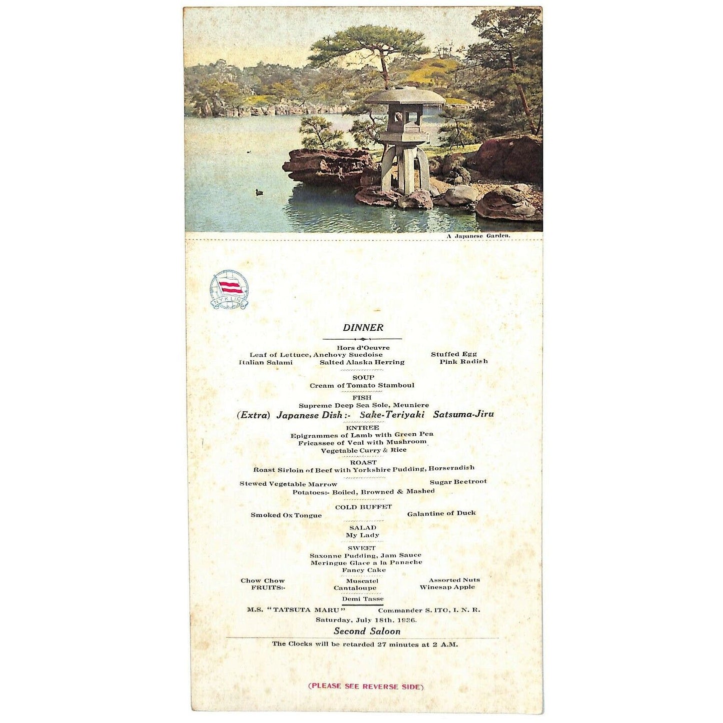 1936 N.Y. K. Line Tatsuta Maru Cruise Line Menu / Post Card Japanese Garden