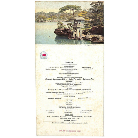 1936 N.Y. K. Line Tatsuta Maru Cruise Line Menu / Post Card Japanese Garden