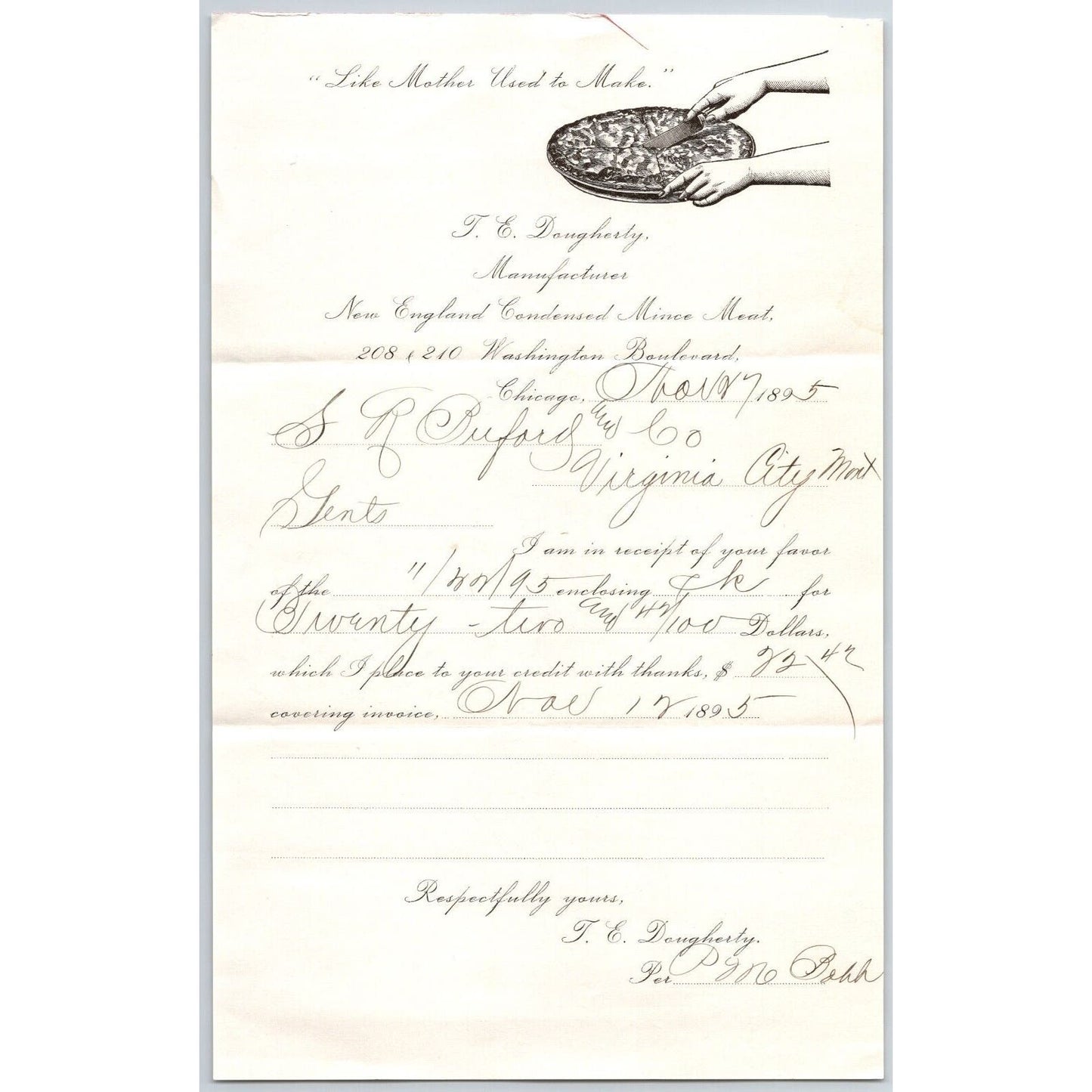 Chicago T.E. Dougherty New England Mince Meat 1895 Receipt Buford