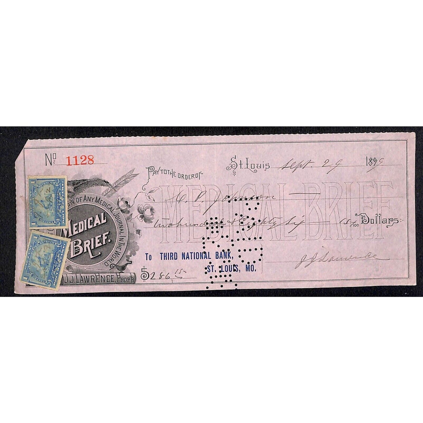 Medical Brief Journal / Third National Bank 1899 Check w/ Rev. Stamps & Vignette