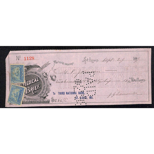 Medical Brief Journal / Third National Bank 1899 Check w/ Rev. Stamps & Vignette