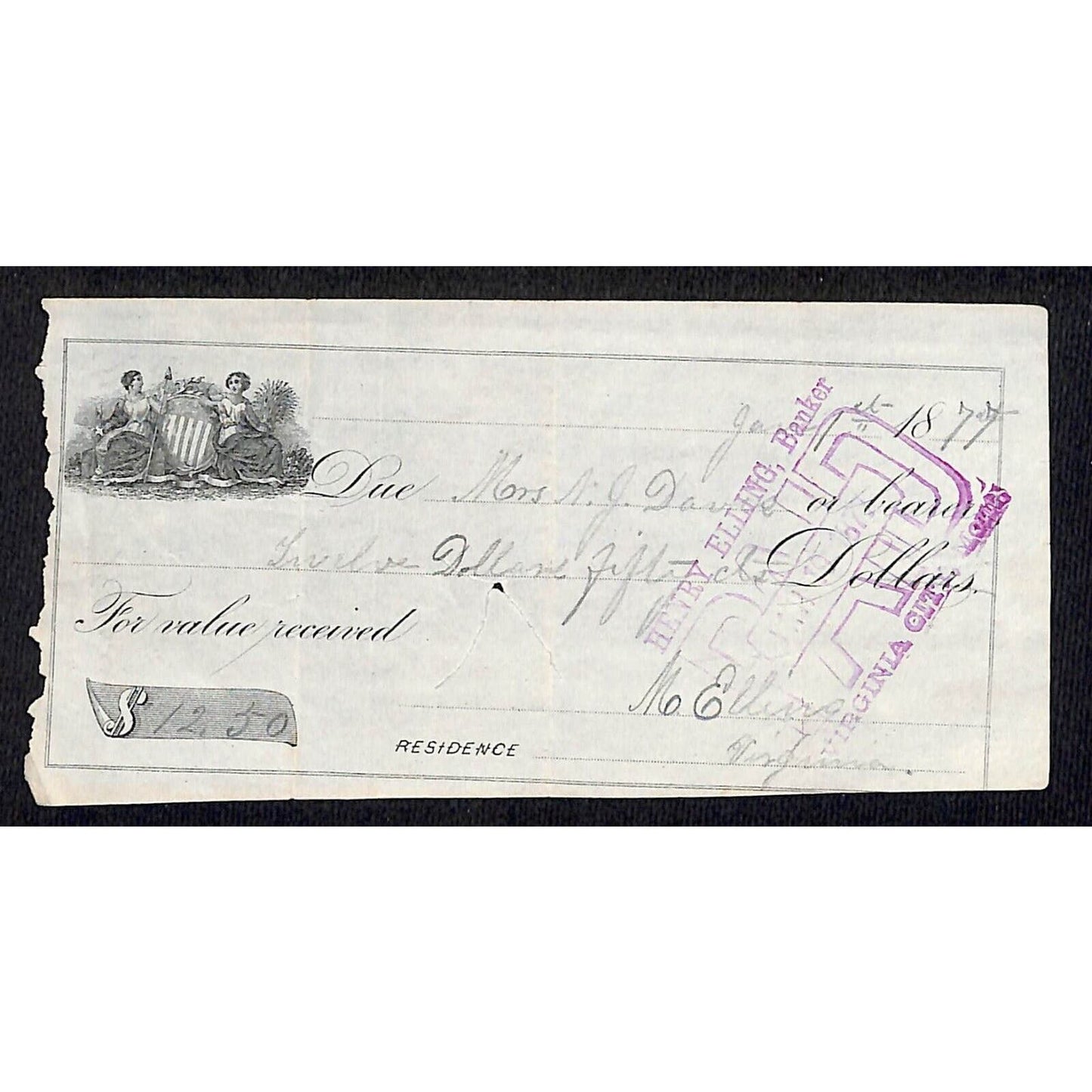 Virginia City Montana Henry Elling, Banker 1877 Payment Receipt w/ Vignette