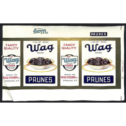 1931 Paper Box Label Wag Foods Wag Brand Prunes Syracuse, NY - w/ Gilt Borders