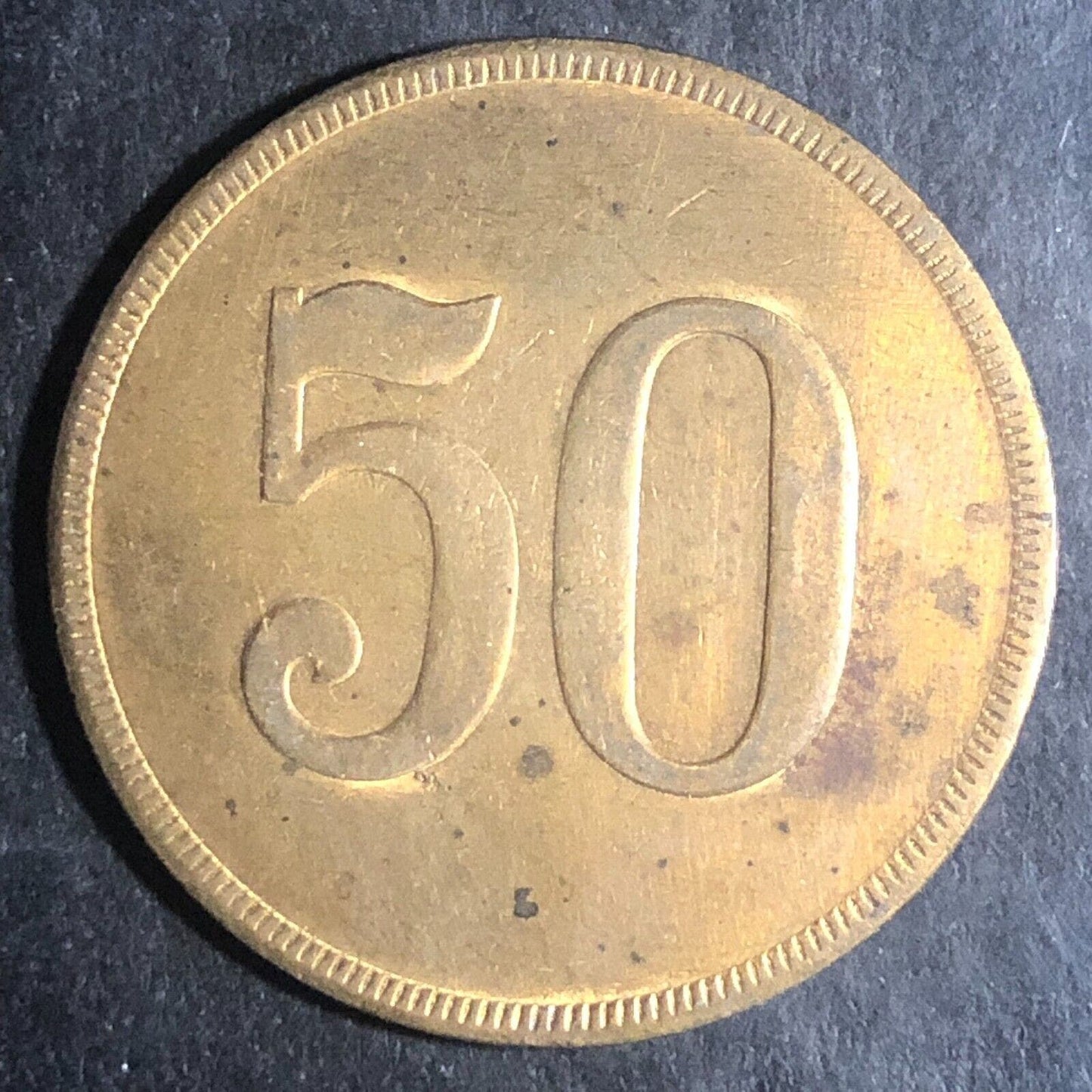 Large Brass Double Sided "50" Gaming ? Token 31mm