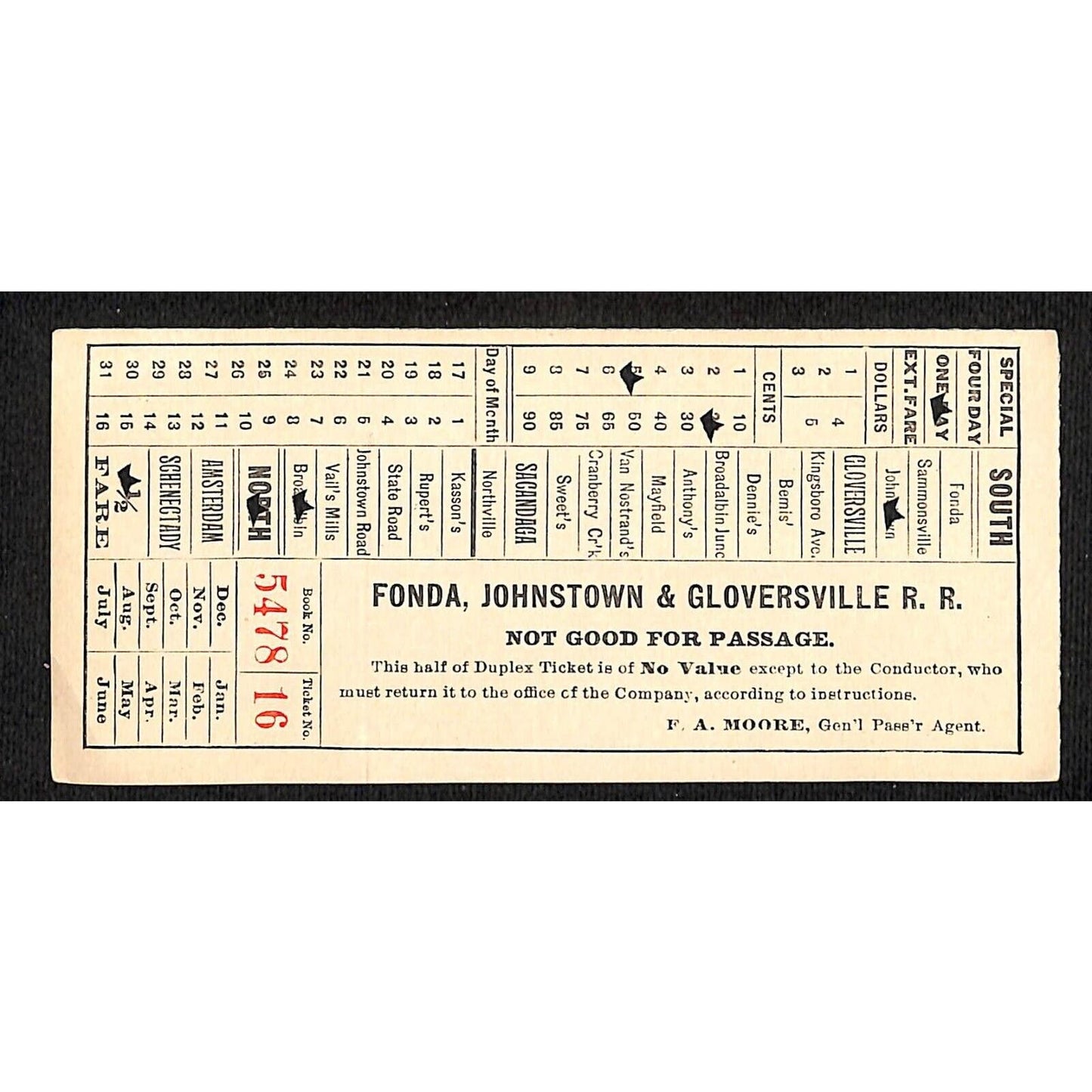 Fonda, Johnstown & Gloversville Railroad Ticket Book 5478 Ticket 18