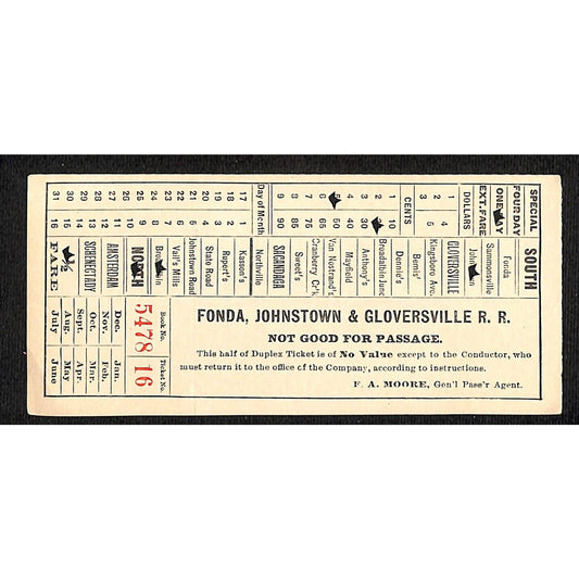 Fonda, Johnstown & Gloversville Railroad Ticket Book 5478 Ticket 18