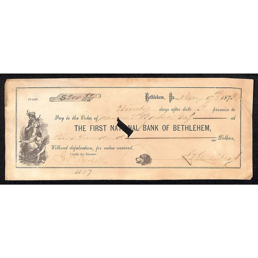 Bethlehem, PA 1873 First National Bank of Bethlehem Check w/ Vignette