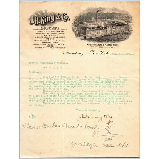 J.B. King & Co 1903 Letterhead 1 Broadway NYC Windsor Plaster Mills Ship Docks