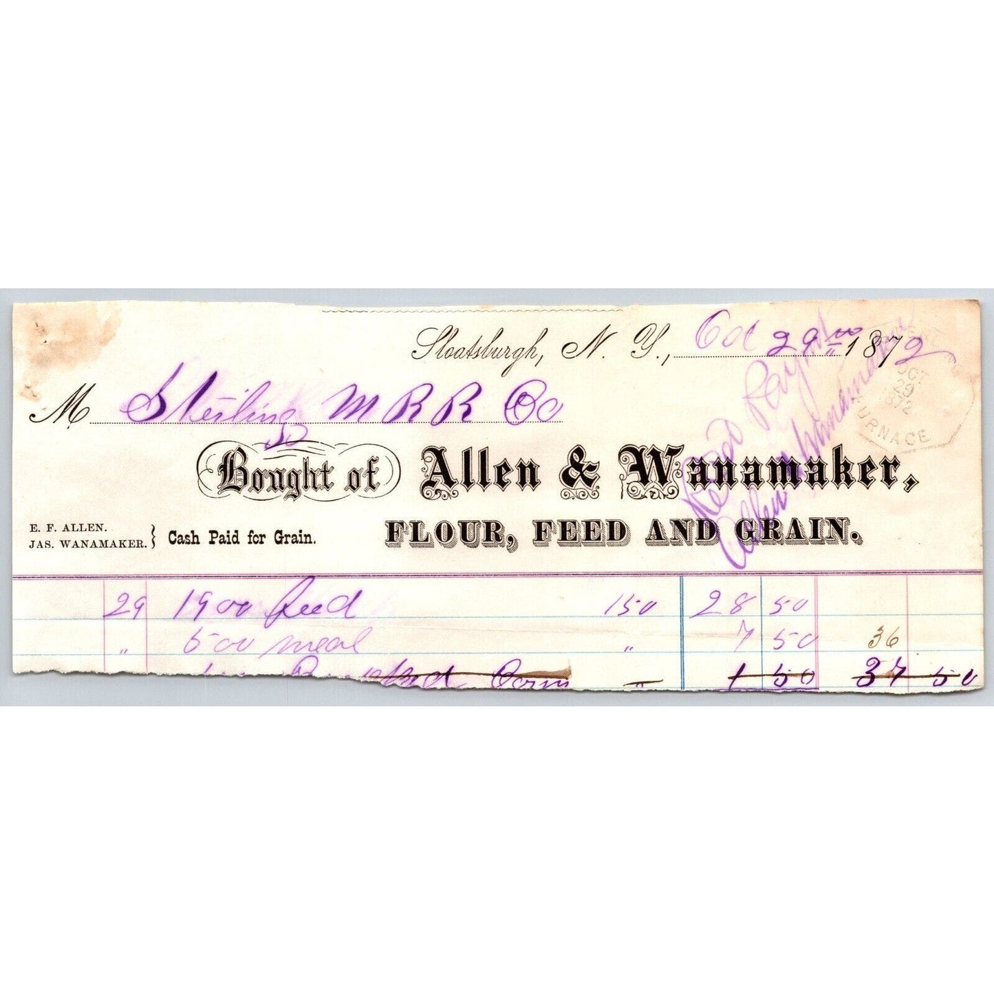 Sloatsburgh, NY Allen & Wanamaker Co. 1872 Billhead / Sterling Railroad