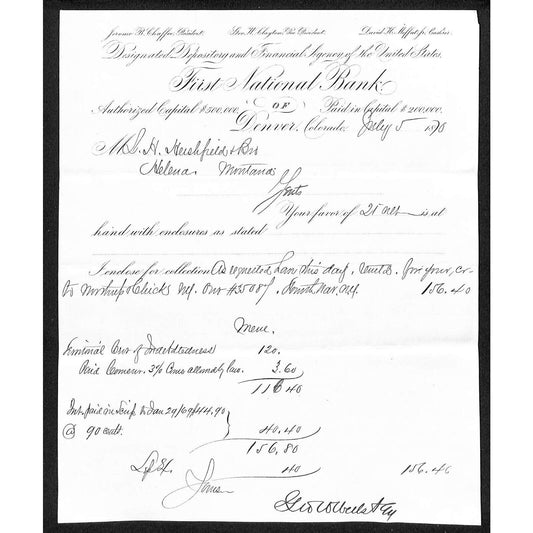 FNB of Denver, CO 1870 Letterhead L.H. Hershfield* Helena, MT re: Payments