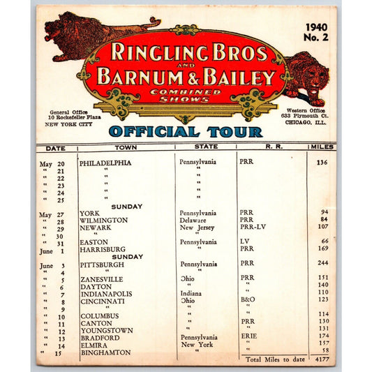 1940 Ringling Bros Barnum & Bailey Circus Route Card Philadelphia Ohio Newark