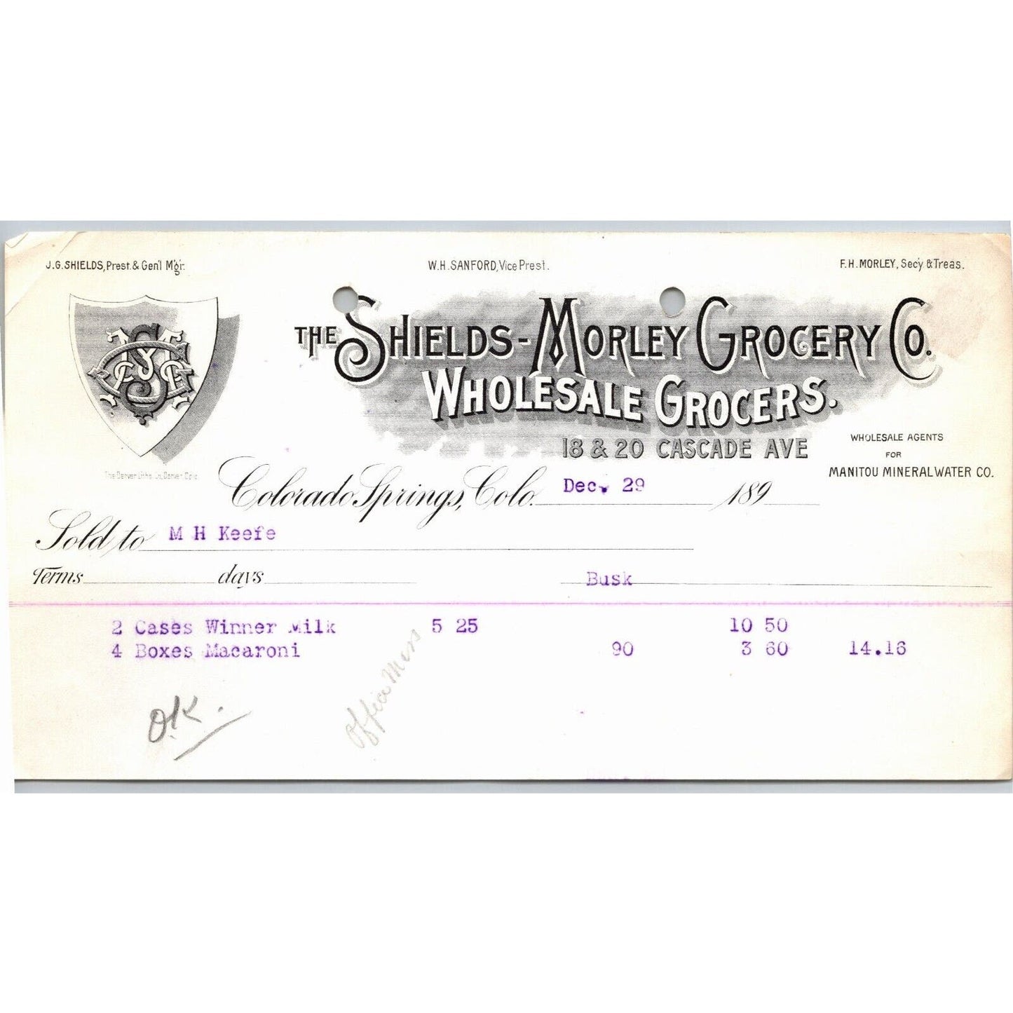 c1895 Shields-Morley Grocery Co. Colorado Springs Letterhead M.H. Keefe Macaroni