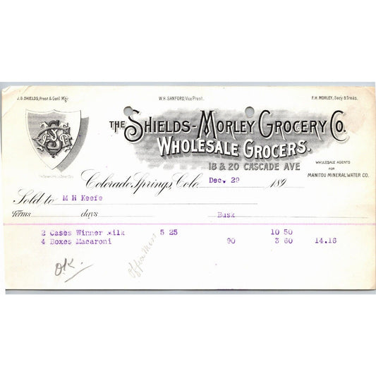 c1895 Shields-Morley Grocery Co. Colorado Springs Letterhead M.H. Keefe Macaroni