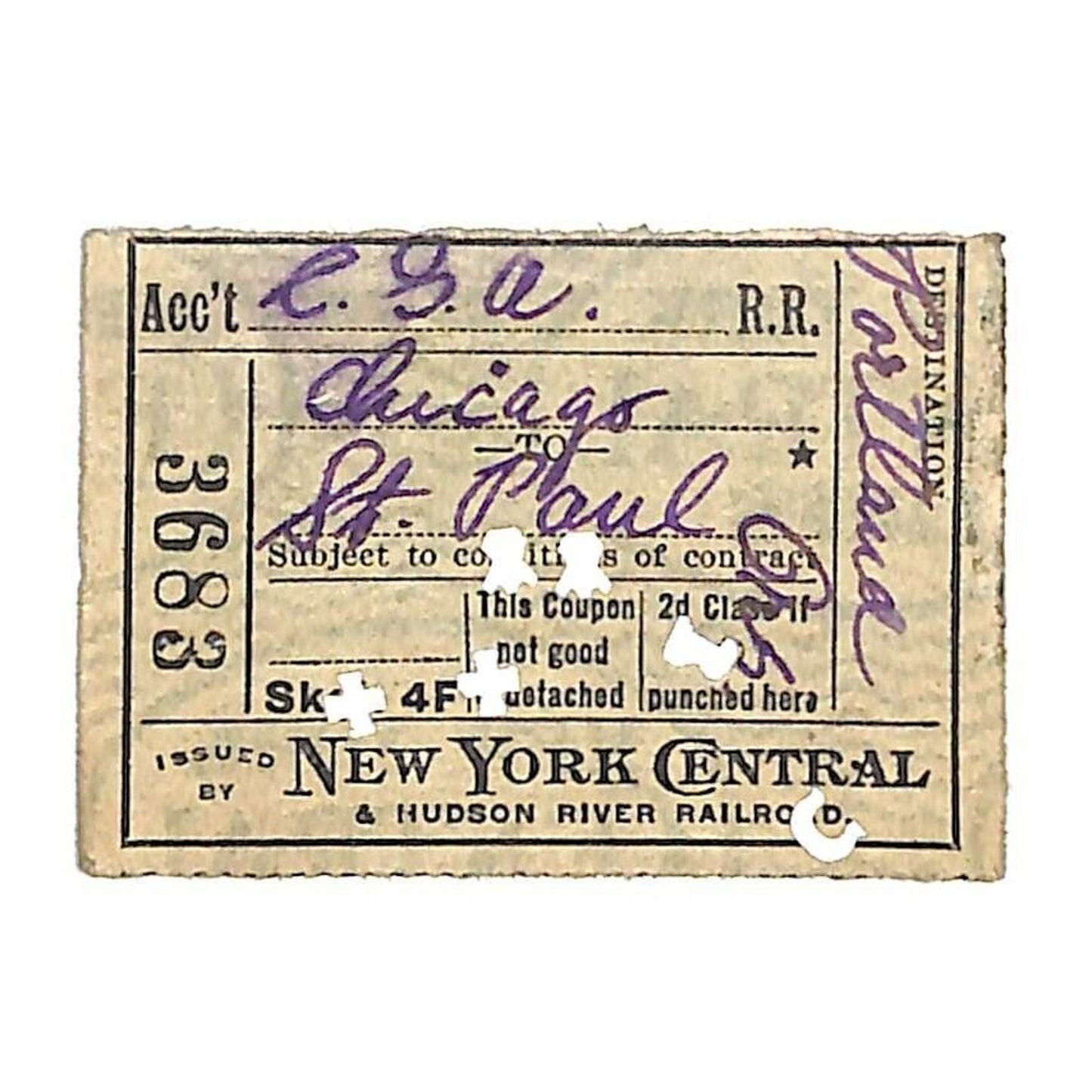 New York Central / Hudson River Railroad Ticket c1918 Chicago to St. Paul