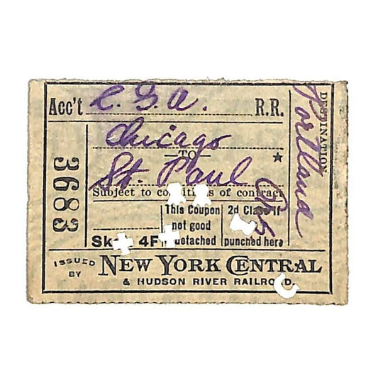 New York Central / Hudson River Railroad Ticket c1918 Chicago to St. Paul