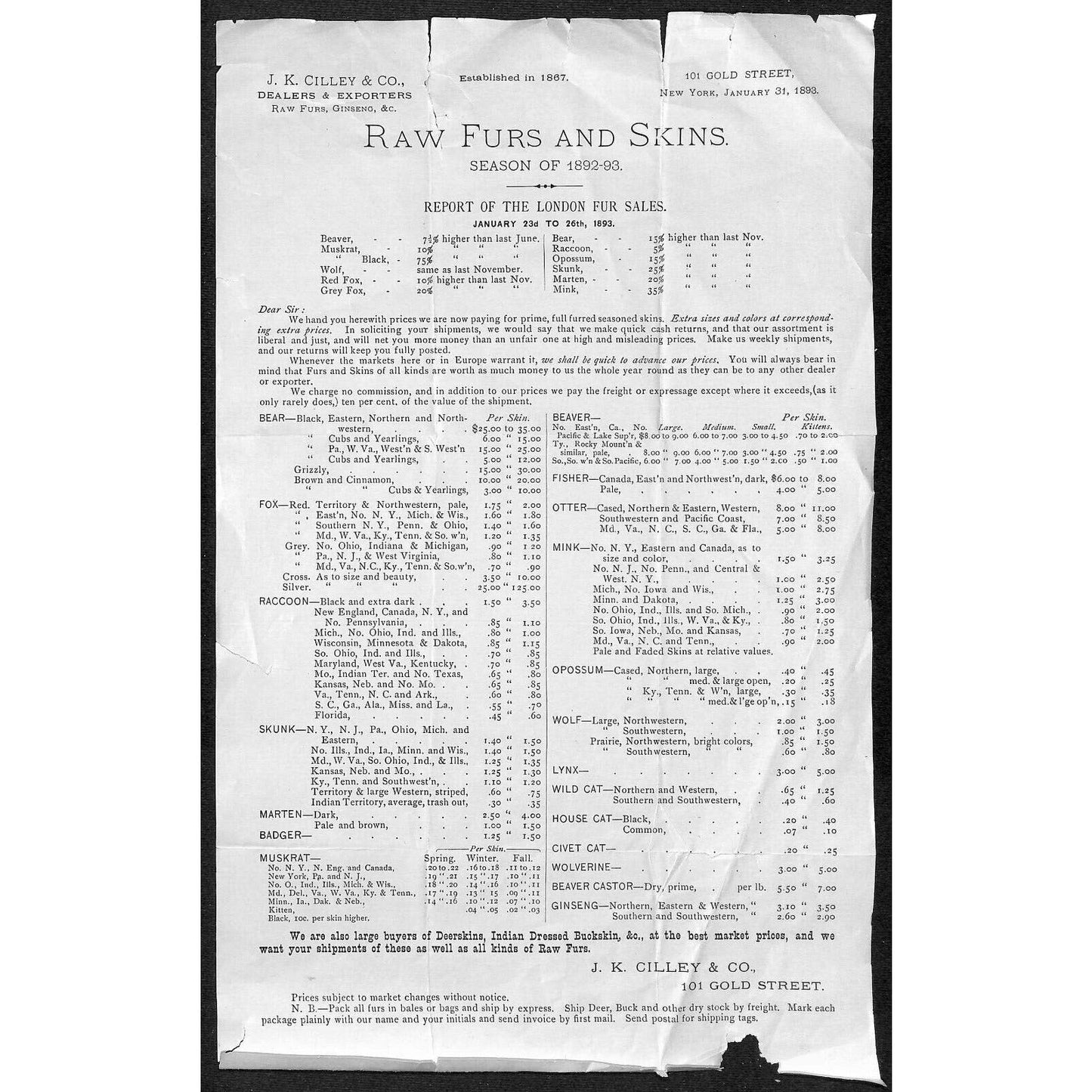 J. K. Gilley & Co. Gold St. New York City Raw Furs and Silks 1893 Price Sheet