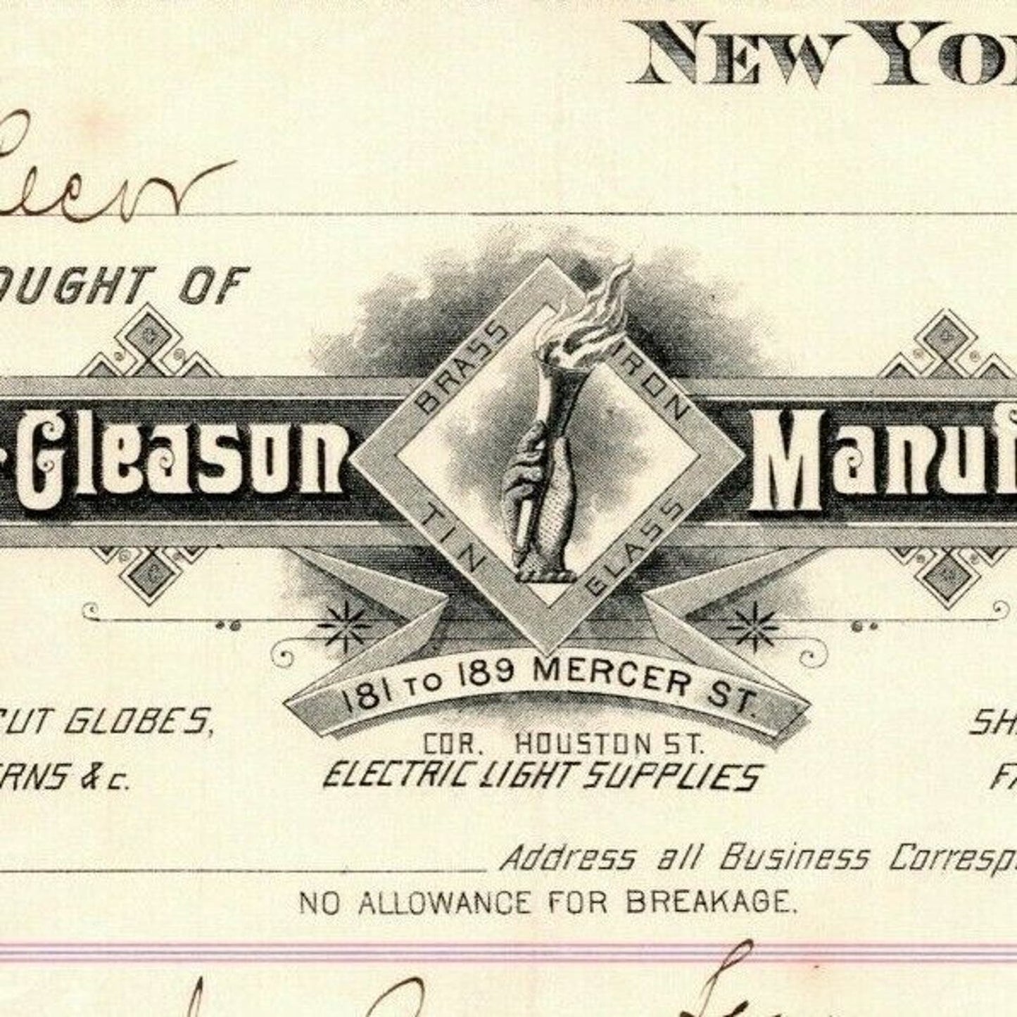 Dec 1887 "E. P. Gleason" Cut Glass Globes Billhead Letterhead Mercer St. NYC