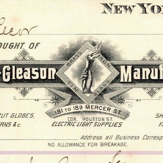 Dec 1887 "E. P. Gleason" Cut Glass Globes Billhead Letterhead Mercer St. NYC