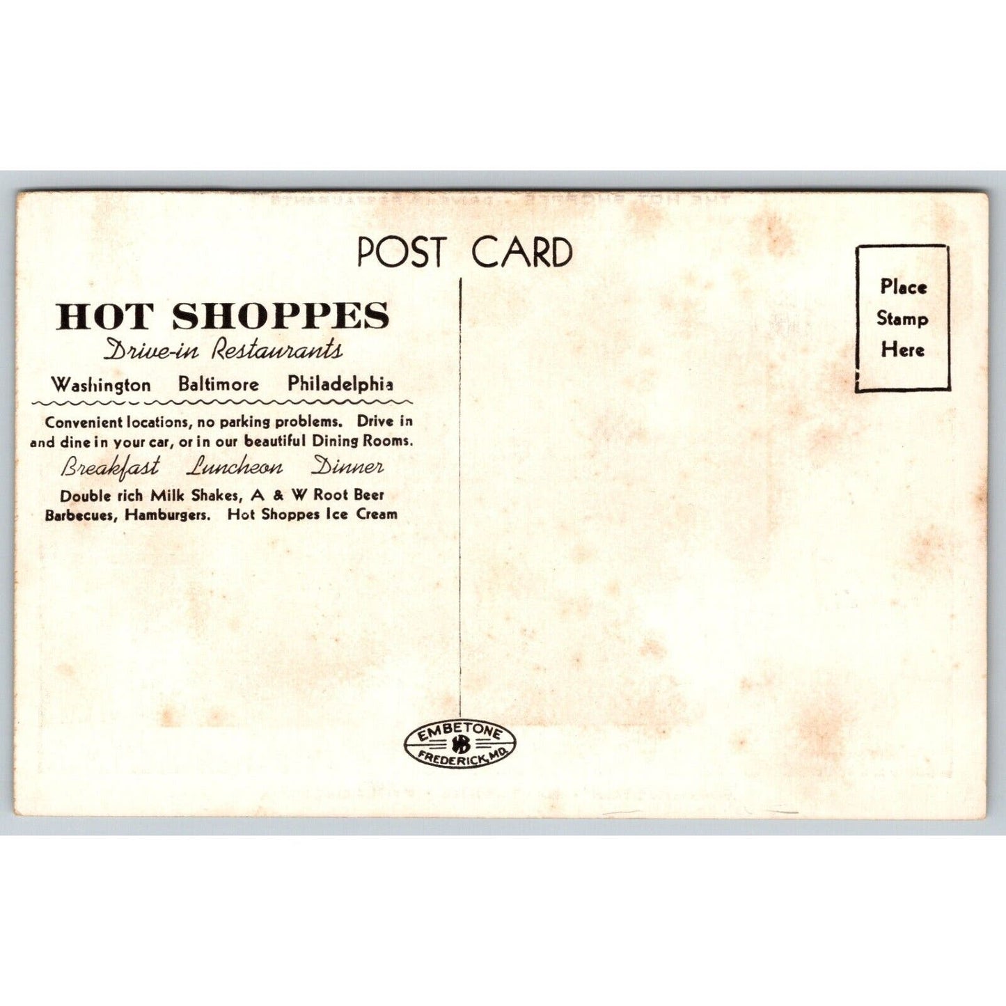 Hot Shoppes Drive In Restaurants Hamburgers Advertising Postcard c1950's VGC