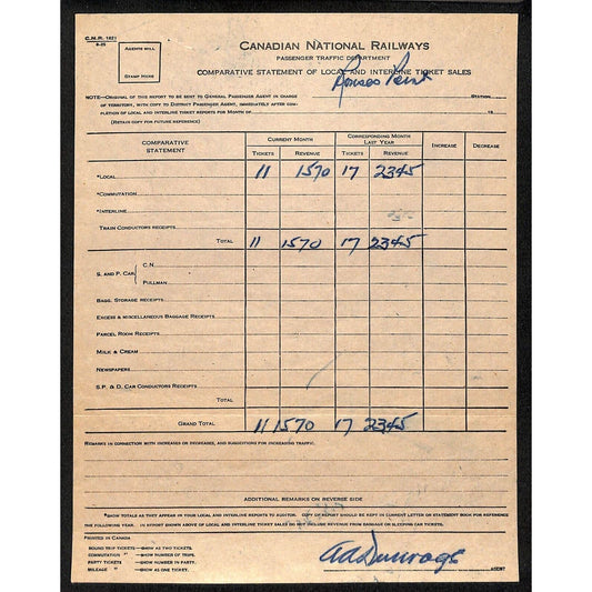 Canadian National Railways Ticket Sales Form c1925