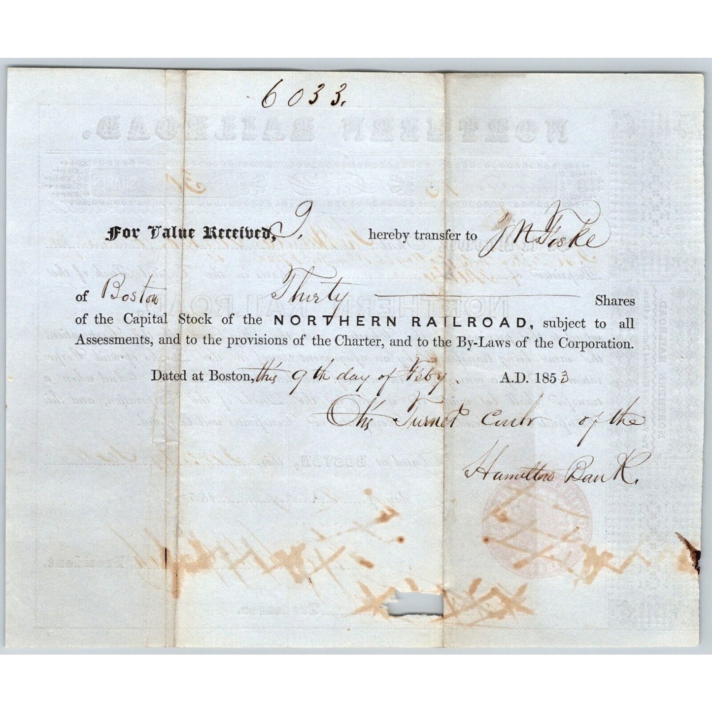 1852 Boston, MA Northern Railroad Stock Certificate No. 9013 for 30 Shares