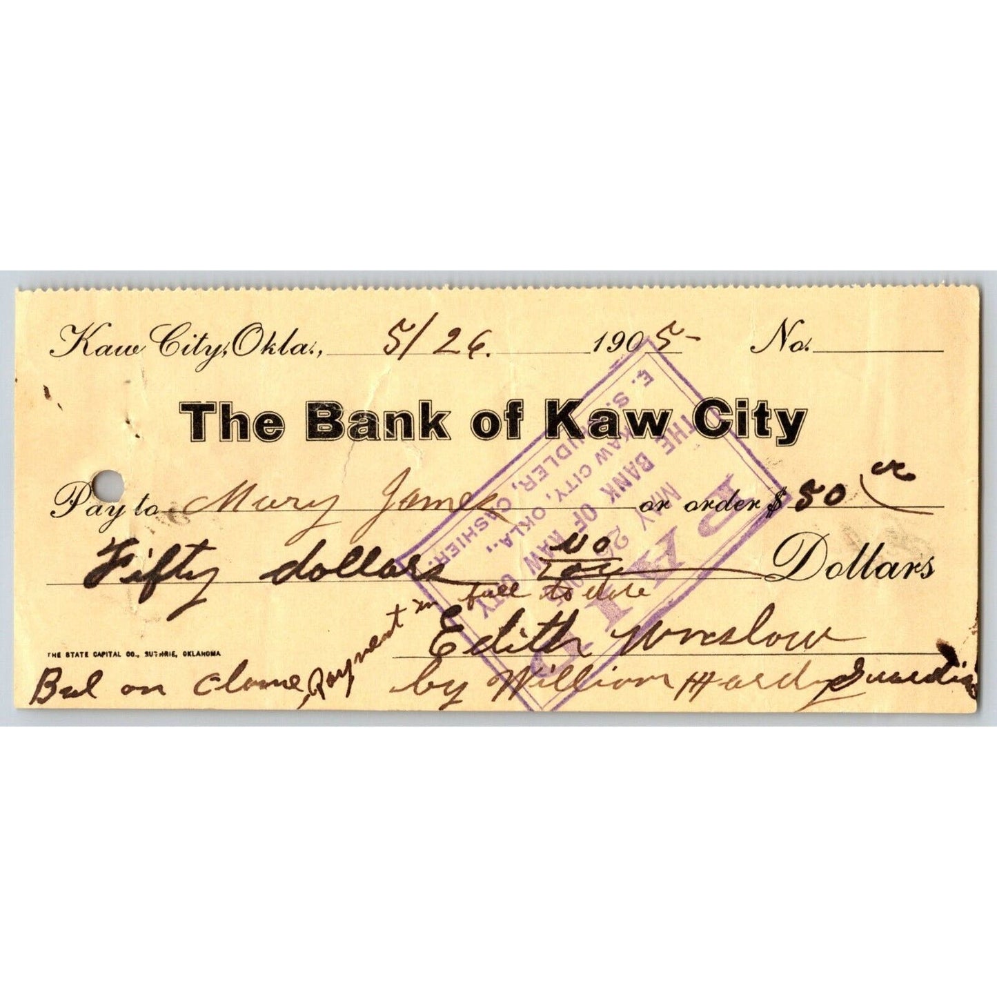 Kaw City, OK Territorial 1905 Bank of Kaw City Check - Scarce