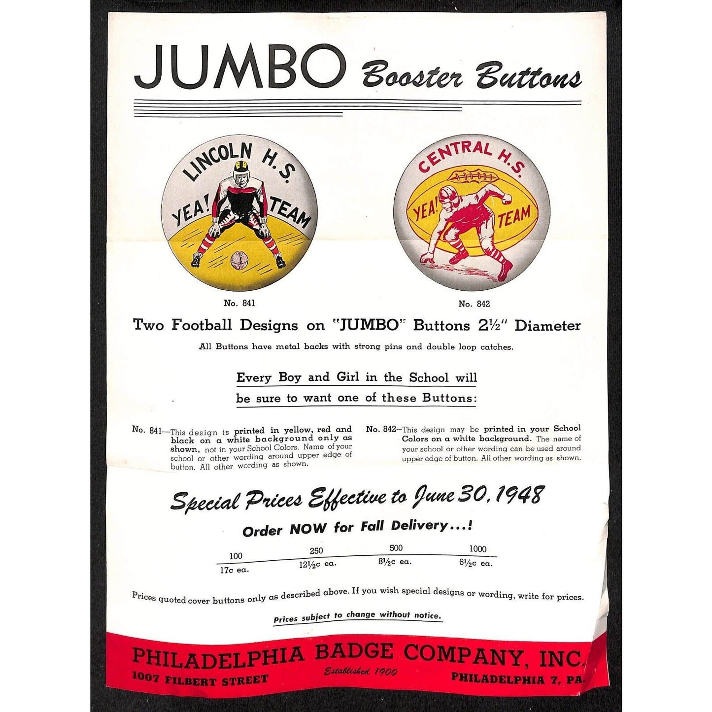 1949 Philadelphia Badge Co. School Sports Football Pinback Button Flyer Sheet