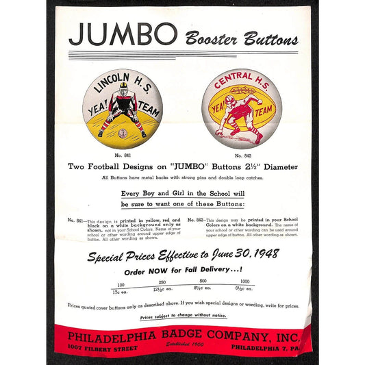 1949 Philadelphia Badge Co. School Sports Football Pinback Button Flyer Sheet