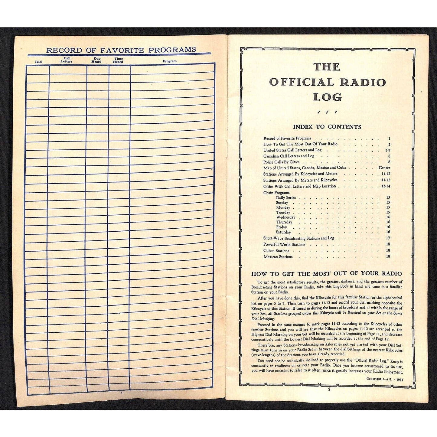 "Listeners Always Dependable" 1931 Official Radio (Station) Log 18pp VGC Scarce