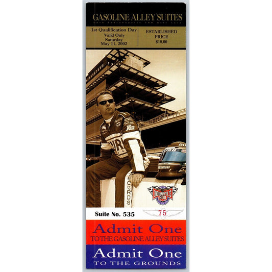 2002 Indy 500 1st Qualification Day Unused Gasoline Alley Suites Ticket IMS #75
