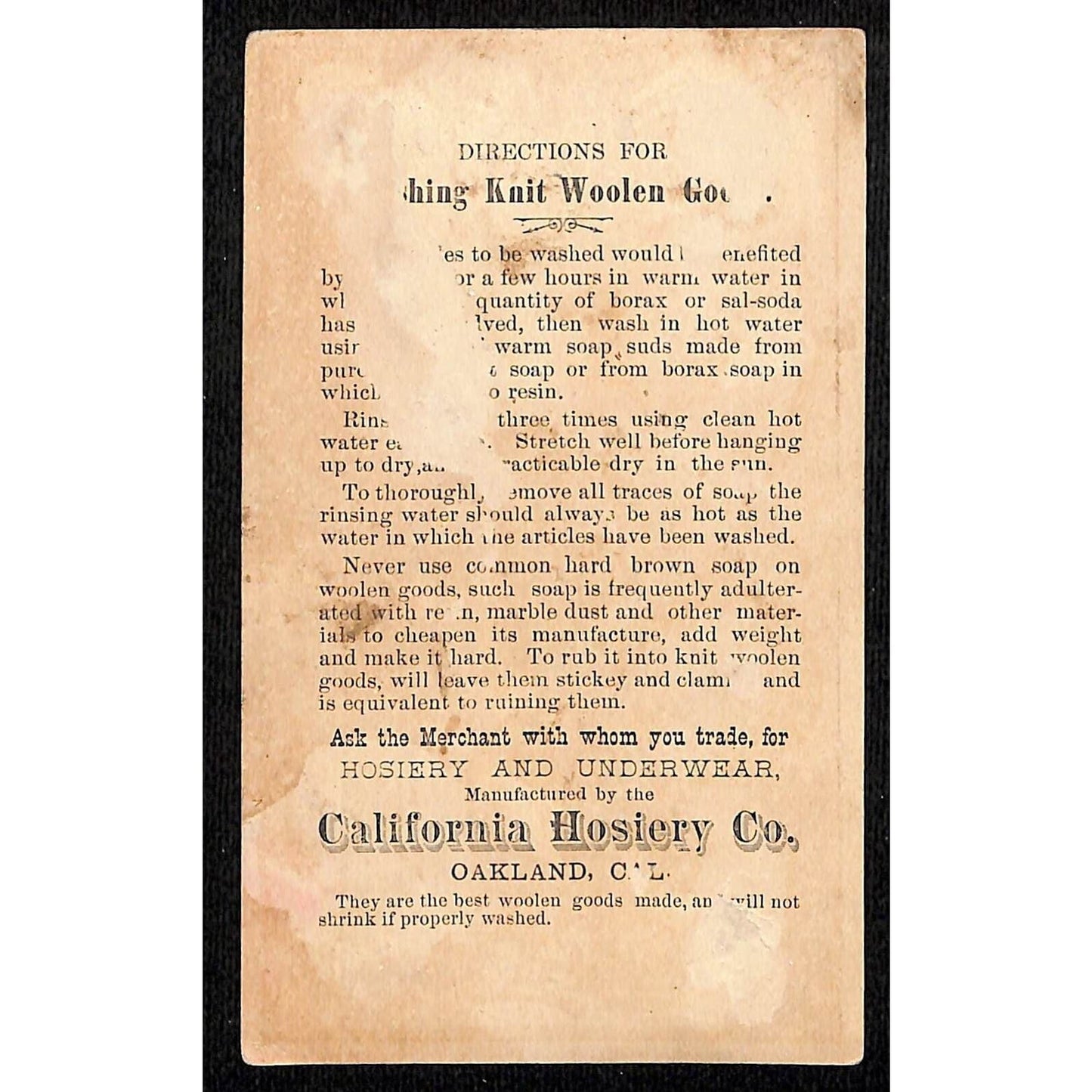 California Hosiery Co. Underwear Oakland, CA "Coins" Victorian Trade Card