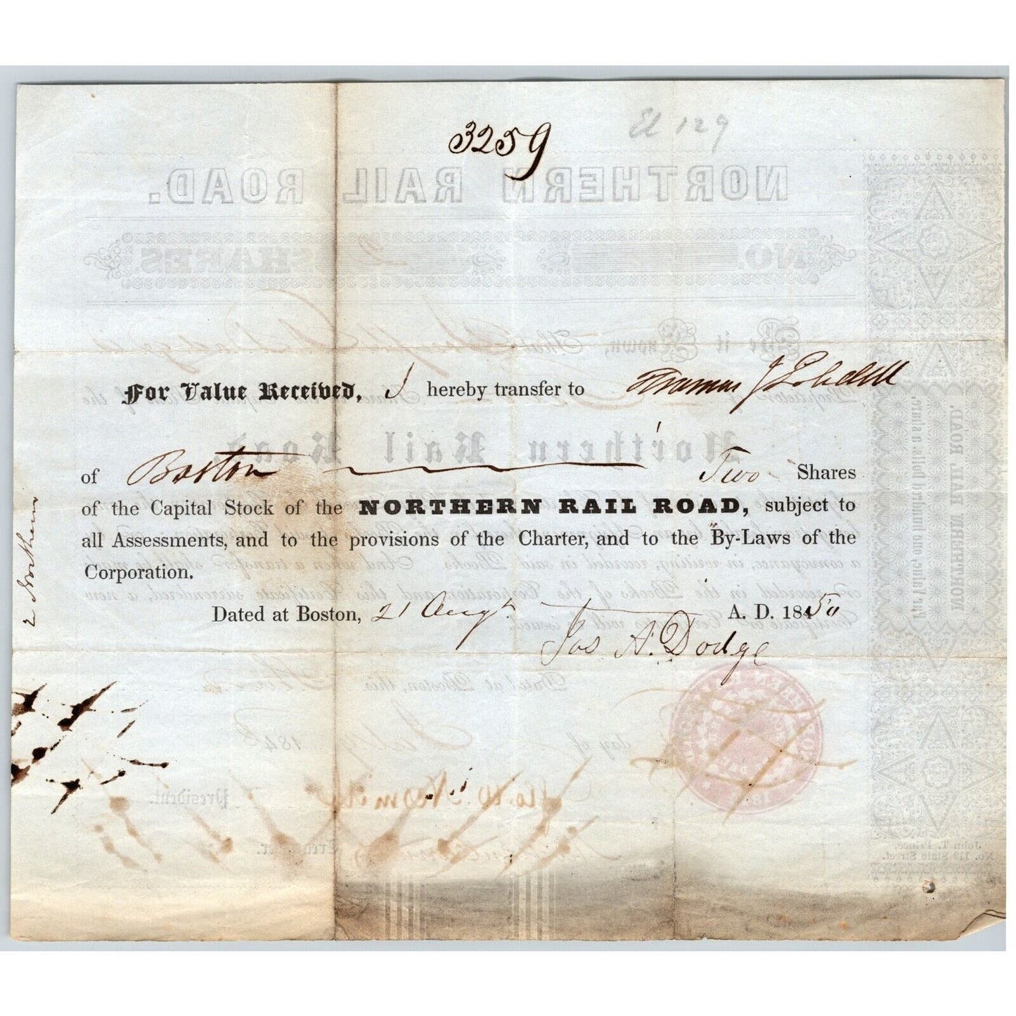 1848 Boston, MA Northern Railroad Stock Certificate No. 5835 for Two Shares