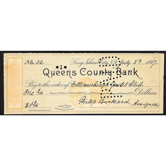 Long Island City, NY 1897 Queens County Bank Check w/ "PAID" Punch Cancel