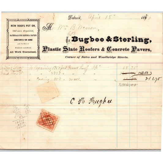Detroit Letterhead Bugbee & Sterling "Plastic Slate Roofers" 1870 w/ Rev Stamp