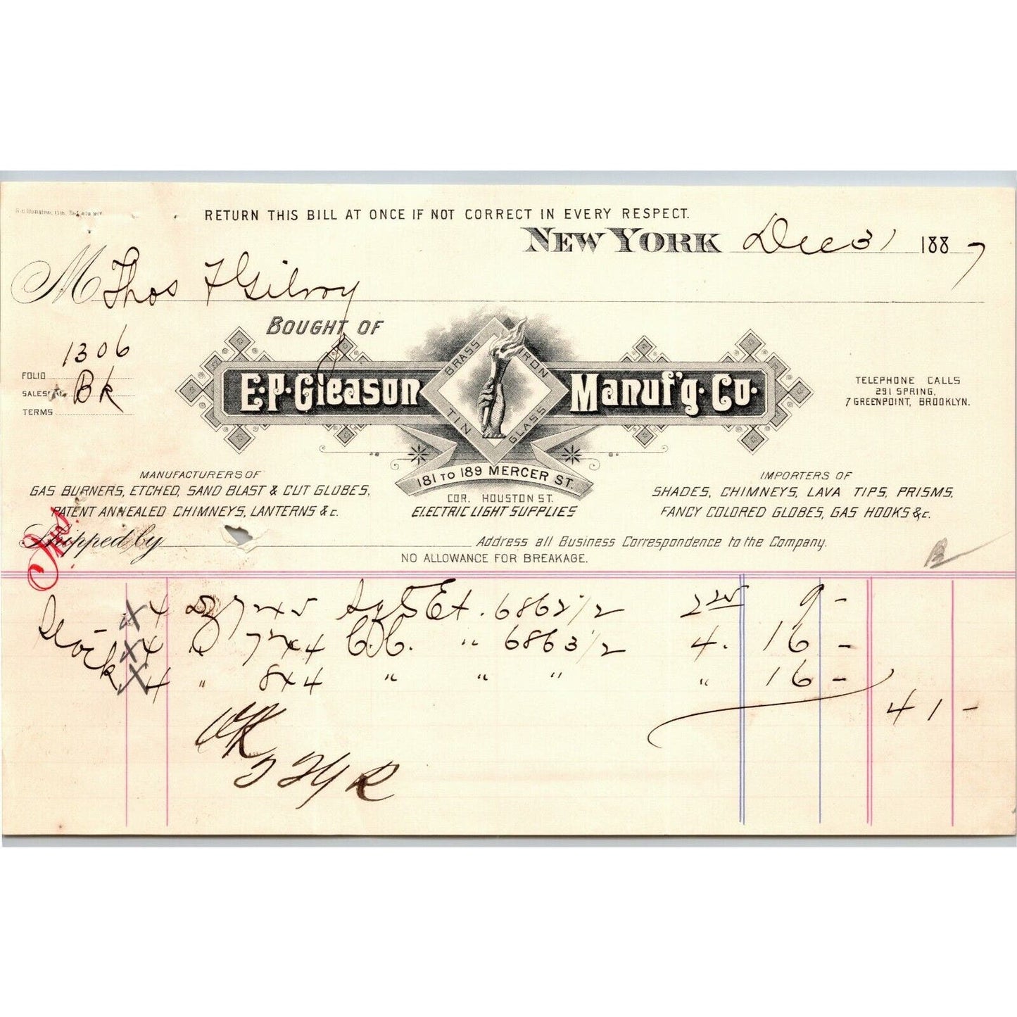Dec 31 1887 "E. P. Gleason" Cut Glass Globes Billhead Letterhead Mercer St NYC