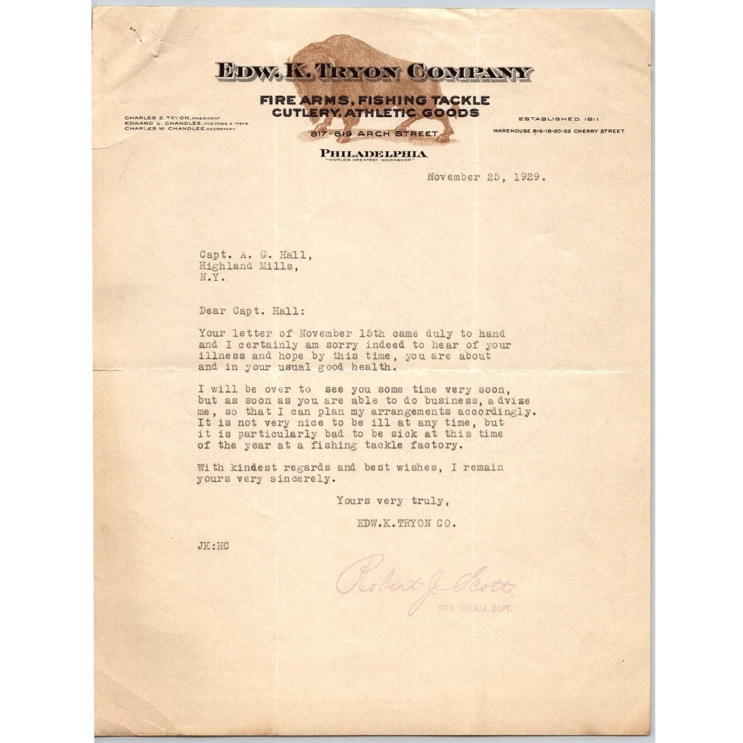 Edw. K. Tryon Company Philadelphia 1929 - Fire Arms Fishing Tackle Letterhead