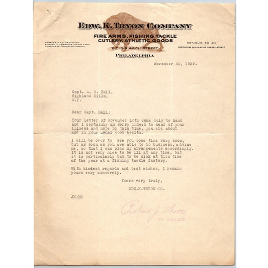 Edw. K. Tryon Company Philadelphia 1929 - Fire Arms Fishing Tackle Letterhead