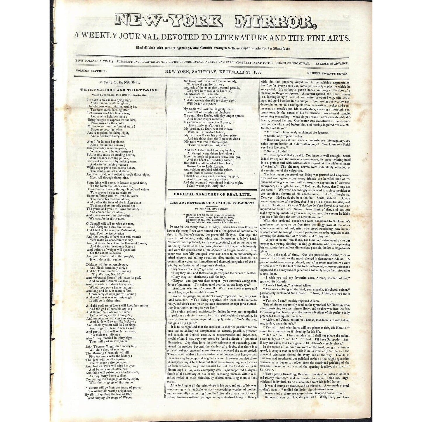 New-York Mirror Weekly Journal Literature Fine Arts Newspaper 12/29/1838