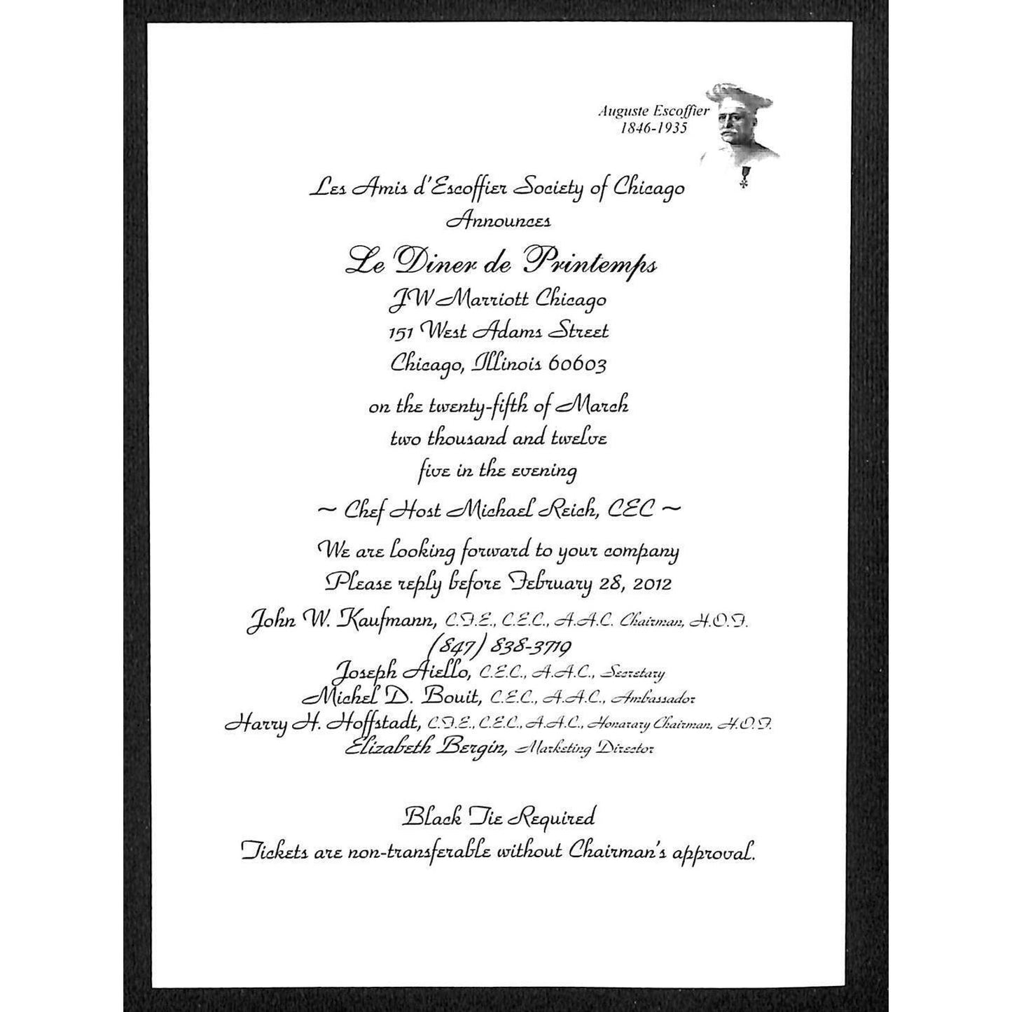 2012 Les Amis d' Escoffier Society of Chicago Le Diner de Printemps Invitation