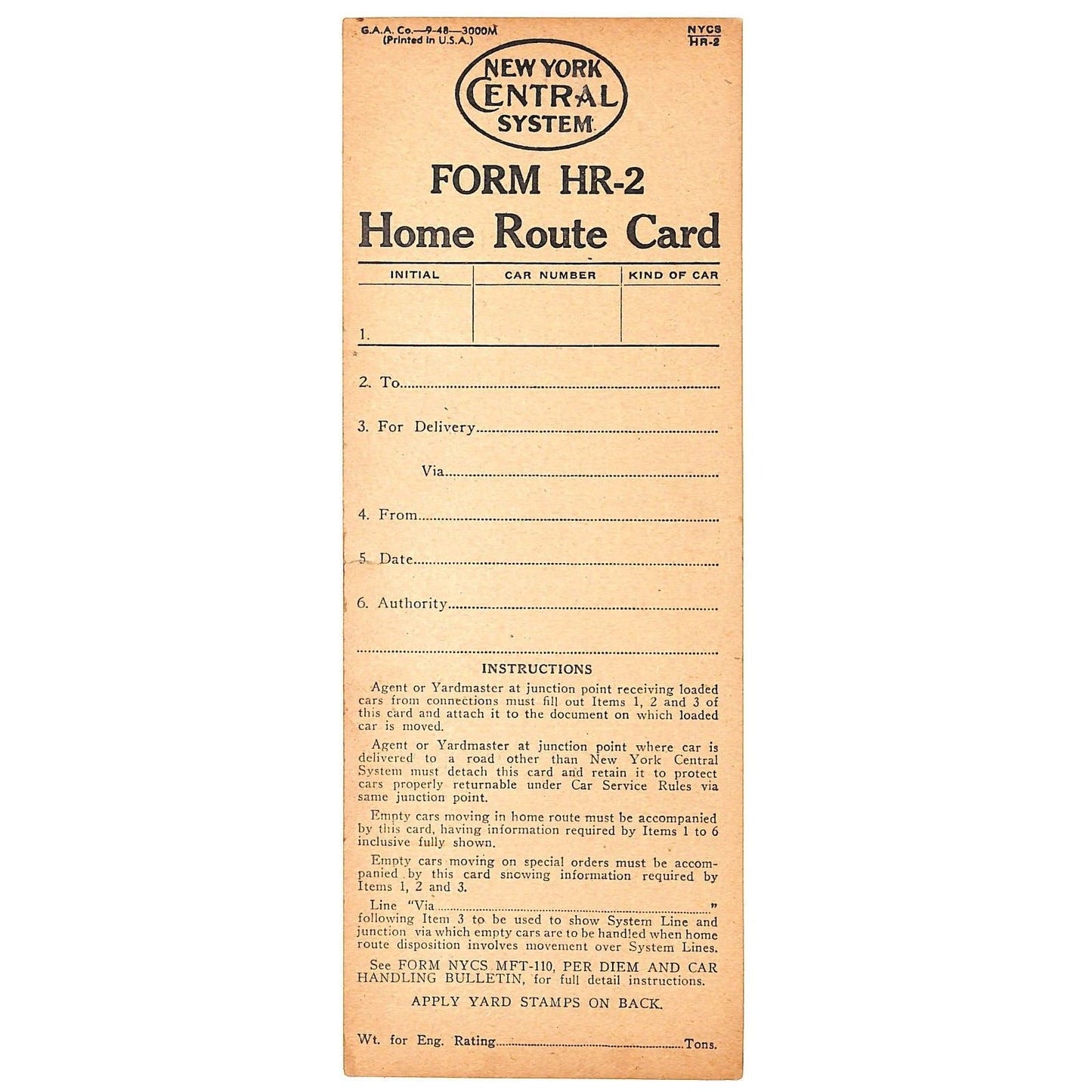 New York Central Railroad c1948 Unused "Home Route Card" - Scarce