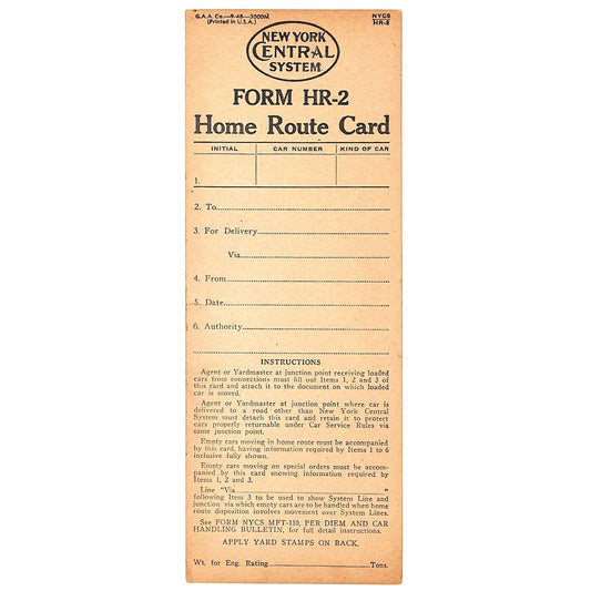 New York Central Railroad c1948 Unused "Home Route Card" - Scarce